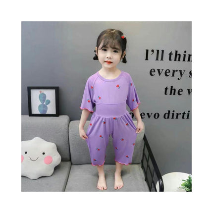 Girls Short Sleeve Pajamas Set - Imitation Ice Silk Thin Air Conditioning Clothes