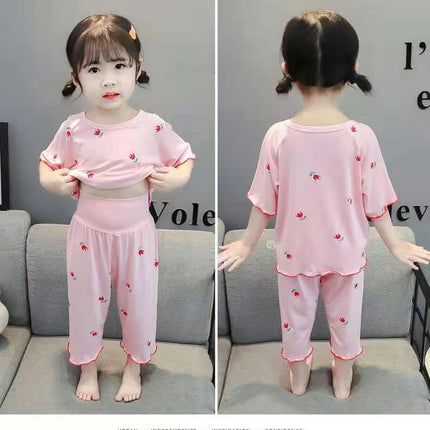 Girls Short Sleeve Pajamas Set - Imitation Ice Silk Thin Air Conditioning Clothes