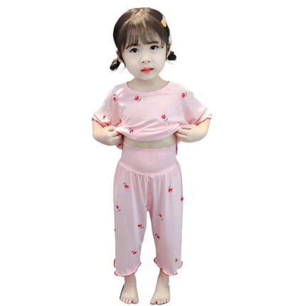 Girls Short Sleeve Pajamas Set - Imitation Ice Silk Thin Air Conditioning Clothes