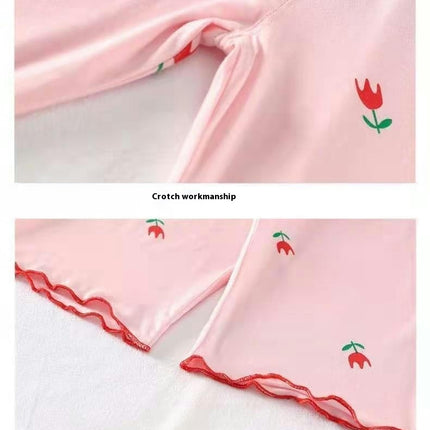 Girls Short Sleeve Pajamas Set - Imitation Ice Silk Thin Air Conditioning Clothes