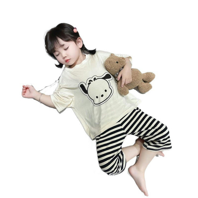 Girls Pajamas 2-piece Set - Summer Cartoon Short-sleeved Striped Pants Home Clothes Set