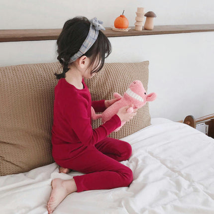 Children's Pajama Set - Boys' and Girls' Pure Cotton Solid Color Long Sleeve Long Pants 2-Piece Set