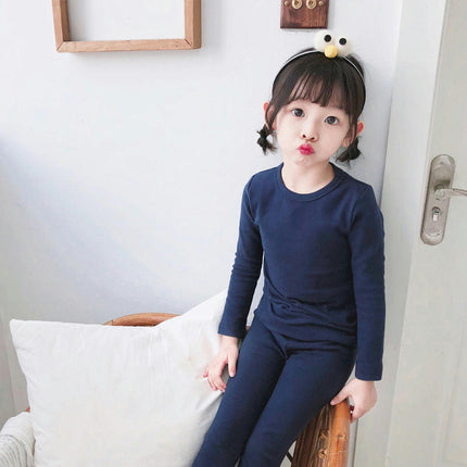 Children's Pajama Set - Boys' and Girls' Pure Cotton Solid Color Long Sleeve Long Pants 2-Piece Set