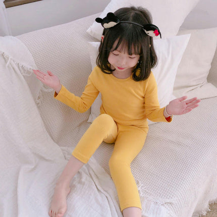 Children's Pajama Set - Boys' and Girls' Pure Cotton Solid Color Long Sleeve Long Pants 2-Piece Set