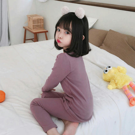 Children's Pajama Set - Boys' and Girls' Pure Cotton Solid Color Long Sleeve Long Pants 2-Piece Set