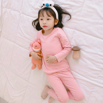 Children's Pajama Set - Boys' and Girls' Pure Cotton Solid Color Long Sleeve Long Pants 2-Piece Set 2