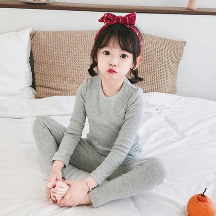 Children's Pajama Set - Boys' and Girls' Pure Cotton Solid Color Long Sleeve Long Pants 2-Piece Set