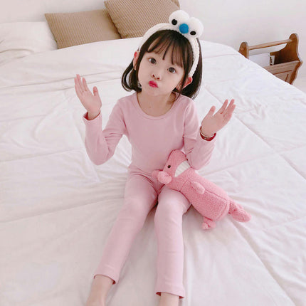 Children's Pajama Set - Boys' and Girls' Pure Cotton Solid Color Long Sleeve Long Pants 2-Piece Set