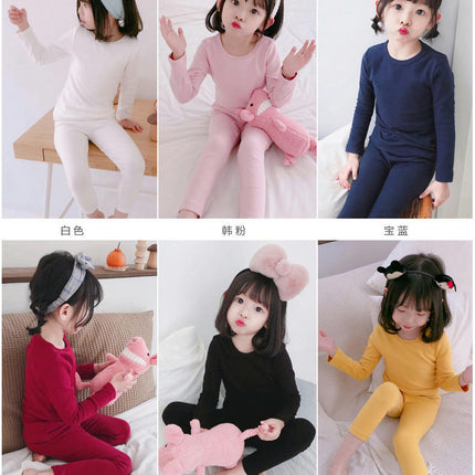 Children's Pajama Set - Boys' and Girls' Pure Cotton Solid Color Long Sleeve Long Pants 2-Piece Set