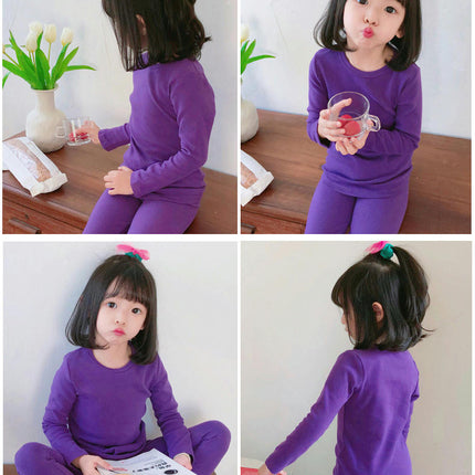 Children's Pajama Set - Boys' and Girls' Pure Cotton Solid Color Long Sleeve Long Pants 2-Piece Set