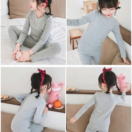 Children's Pajama Set - Boys' and Girls' Pure Cotton Solid Color Long Sleeve Long Pants 2-Piece Set 2