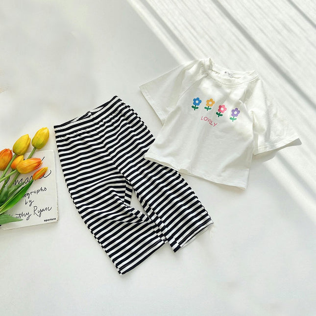Summer Children's Short Sleeve Suit - Boys and Girls Baby Cotton Printed T-shirt Wide Leg Pants Suit