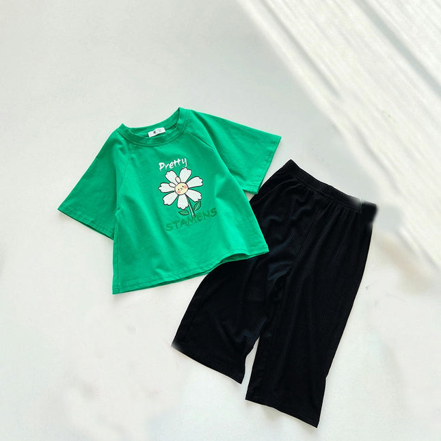 Summer Children's Short Sleeve Suit - Boys and Girls Baby Cotton Printed T-shirt Wide Leg Pants Suit