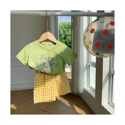 Summer Children's Short Sleeve Suit-Boy and Girl Baby Cotton Shorts Plaid Suit