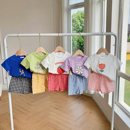 Summer Children's Short Sleeve Suit-Boy and Girl Baby Cotton Shorts Plaid Suit