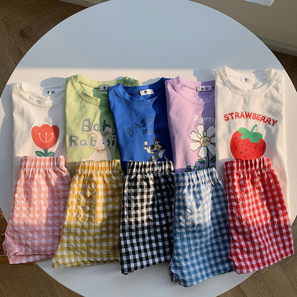 Summer Children's Short Sleeve Suit-Boy and Girl Baby Cotton Shorts Plaid Suit