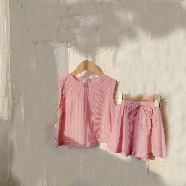 Girls Summer Waffle Pajama Set - Sleeveless Vest Shorts Loose 2-Piece Set