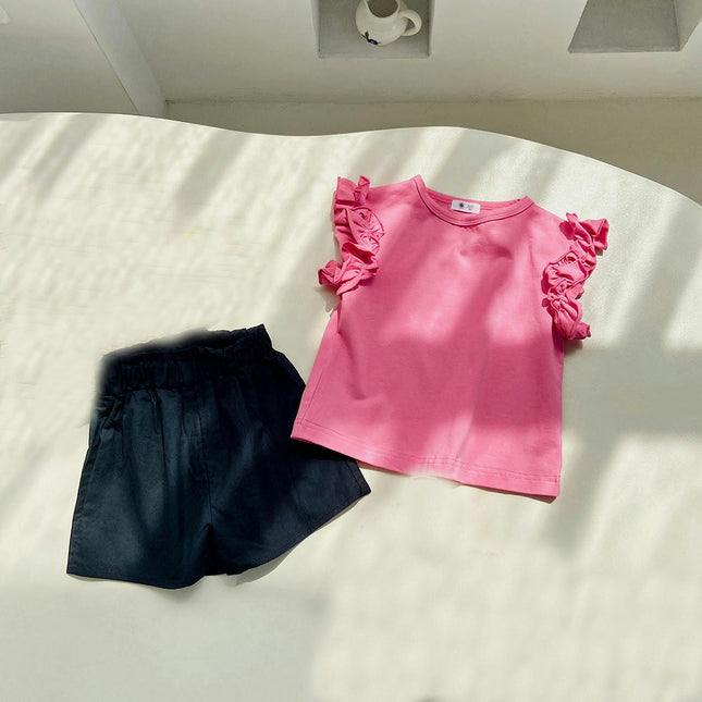 Girls Summer Ruffle Sleeve Short-Sleeved T-Shirt with Flower Waist Shorts 2-Piece Set