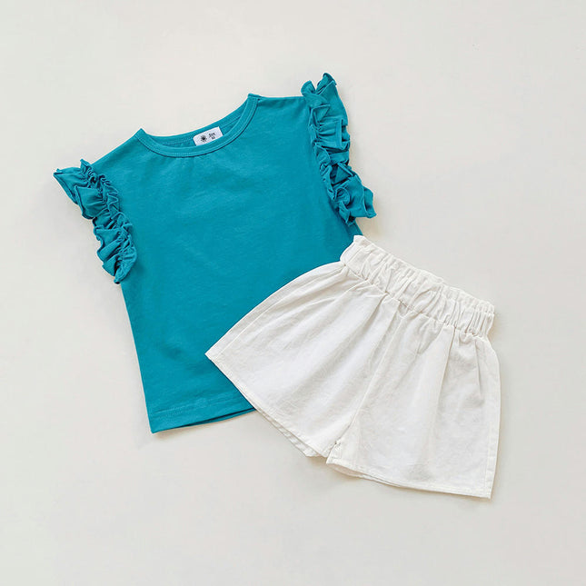 Girls Summer Ruffle Sleeve Short-Sleeved T-Shirt with Flower Waist Shorts 2-Piece Set