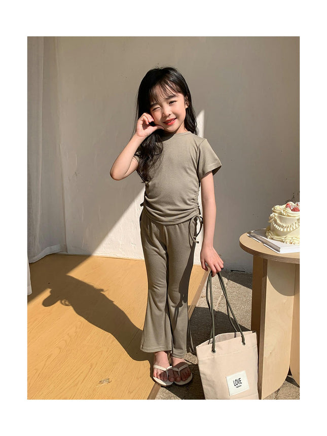Girls Bell-bottom Drawstring Short Sleeve Suit - Fashionable Casual Pants Suit Suitable for 2-8 Years Old