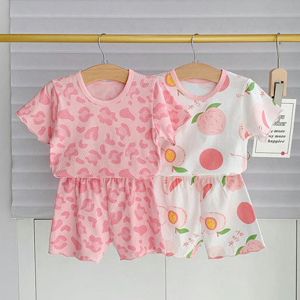 Toddler Girls Baby Imitation Ice Silk Print Short Sleeve Pajamas Set 2-Piece Set