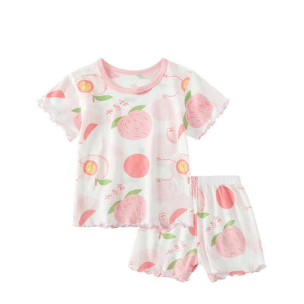 Toddler Girls Baby Imitation Ice Silk Print Short Sleeve Pajamas Set 2-Piece Set