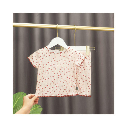 Girls Imitation Ice Silk Printed Short Sleeve Pajamas Set Toddler Baby Bottom Clothes 2-piece Set