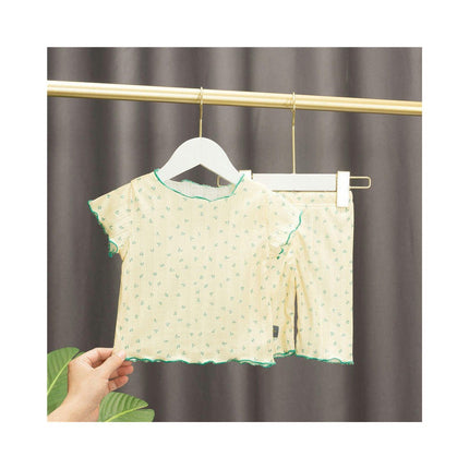 Girls Imitation Ice Silk Printed Short Sleeve Pajamas Set Toddler Baby Bottom Clothes 2-piece Set