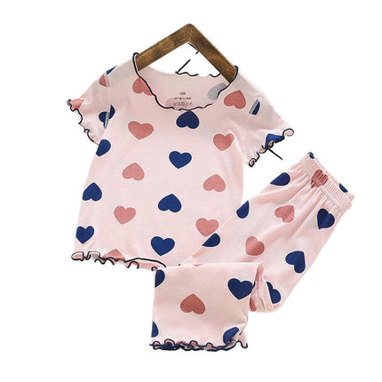 Girls Imitation Ice Silk Love Heart Short Sleeve Pajamas Set Infant Baby Home Clothes 2-piece Set