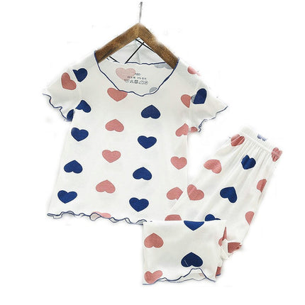 Girls Imitation Ice Silk Love Heart Short Sleeve Pajamas Set Infant Baby Home Clothes 2-piece Set