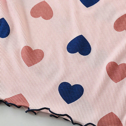 Girls Imitation Ice Silk Love Heart Short Sleeve Pajamas Set Infant Baby Home Clothes 2-piece Set