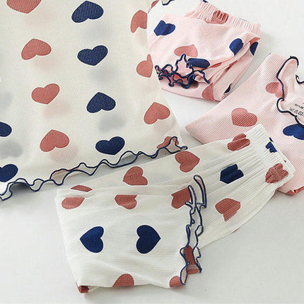 Girls Imitation Ice Silk Love Heart Short Sleeve Pajamas Set Infant Baby Home Clothes 2-piece Set