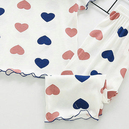 Girls Imitation Ice Silk Love Heart Short Sleeve Pajamas Set Infant Baby Home Clothes 2-piece Set