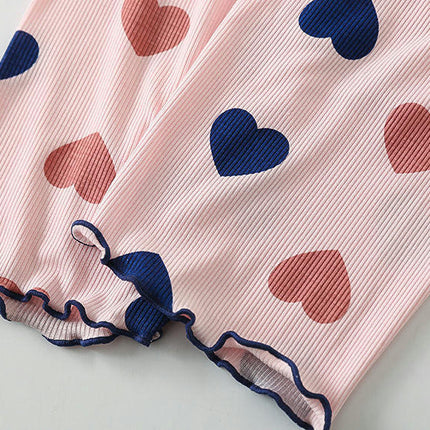 Girls Imitation Ice Silk Love Heart Short Sleeve Pajamas Set Infant Baby Home Clothes 2-piece Set