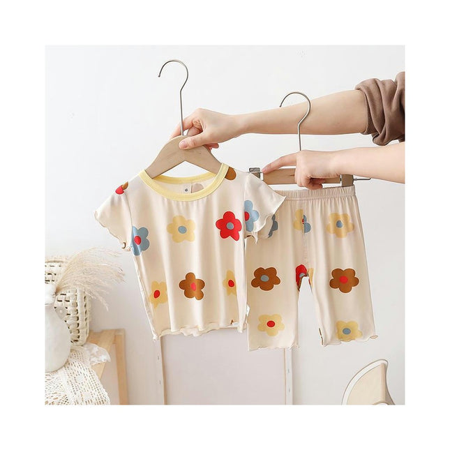 Girls Imitation Ice Silk Pajamas Short Sleeve Set Small Children Baby House Clothes 2-piece Set