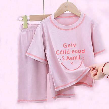 Home Wear Suit Short Sleeves-2-Piece Suit for Boys and Girls Imitation Ice Silk Casual Suit