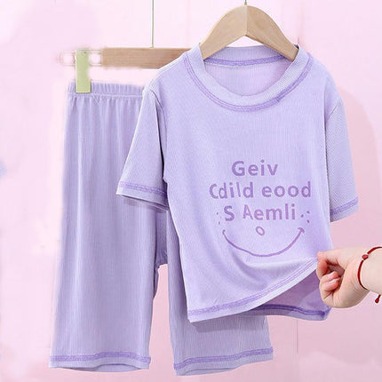 Home Wear Suit Short Sleeves-2-Piece Suit for Boys and Girls Imitation Ice Silk Casual Suit