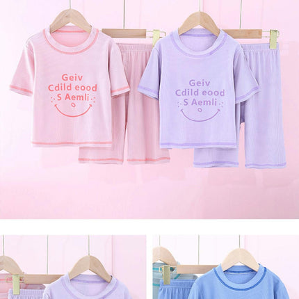 Home Wear Suit Short Sleeves-2-Piece Suit for Boys and Girls Imitation Ice Silk Casual Suit