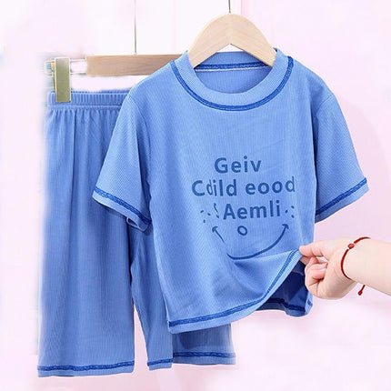 Home Wear Suit Short Sleeves-2-Piece Suit for Boys and Girls Imitation Ice Silk Casual Suit