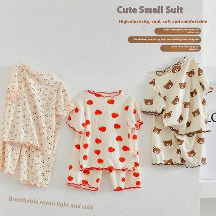 Children's Pajamas Set Boys and Girls Baby Cartoon Bear Floral Home Clothes 2-piece Set