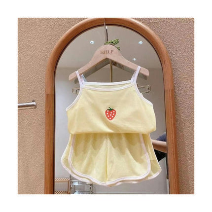 Girls Imitation Ice Silk Suspender Suit Strawberry Vest Shorts Home Clothes 2-piece Set