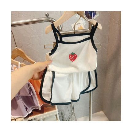 Girls Imitation Ice Silk Suspender Suit Strawberry Vest Shorts Home Clothes 2-piece Set