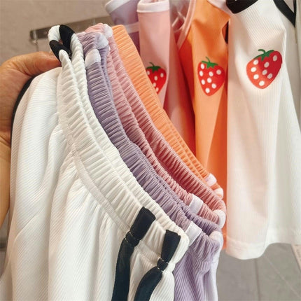 Girls Imitation Ice Silk Suspender Suit Strawberry Vest Shorts Home Clothes 2-piece Set