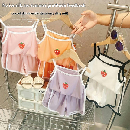 Girls Imitation Ice Silk Suspender Suit Strawberry Vest Shorts Home Clothes 2-piece Set