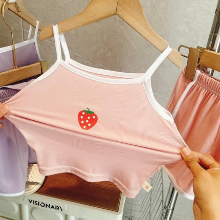 Girls Imitation Ice Silk Suspender Suit Strawberry Vest Shorts Home Clothes 2-piece Set