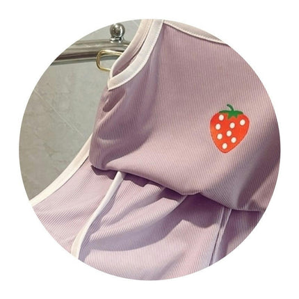 Girls Imitation Ice Silk Suspender Suit Strawberry Vest Shorts Home Clothes 2-piece Set