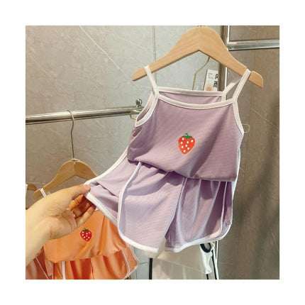 Girls Imitation Ice Silk Suspender Suit Strawberry Vest Shorts Home Clothes 2-piece Set