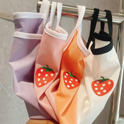 Girls Imitation Ice Silk Suspender Suit Strawberry Vest Shorts Home Clothes 2-piece Set