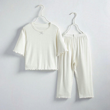 Girls Imitation Ice Silk Suit-Small and Medium Children's Solid Color 2-piece Air Conditioning Suit Summer