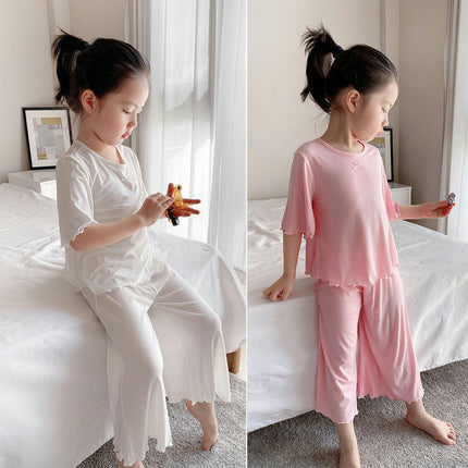 Girls Imitation Ice Silk Suit-Small and Medium Children's Solid Color 2-piece Air Conditioning Suit Summer